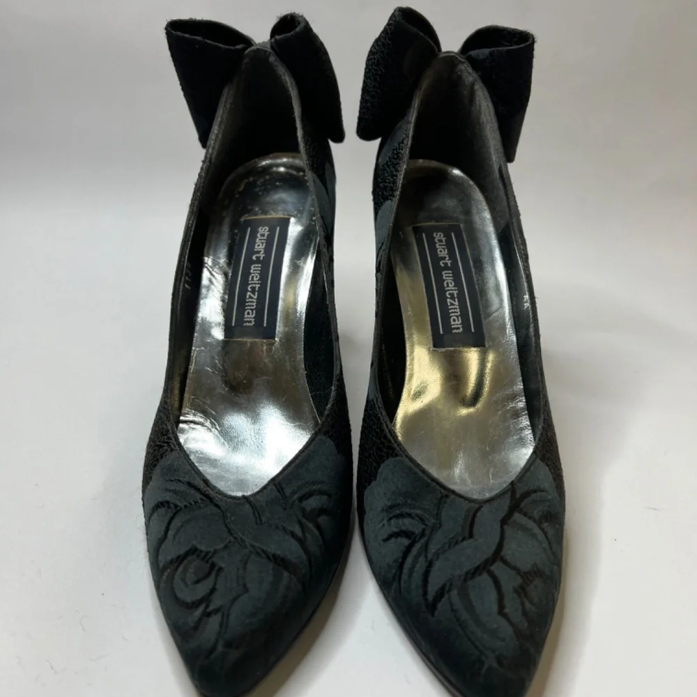 RARE Vintage Stuart Weitzman Satin Brocade Dress Heels with Bows - Picture 1 of 7